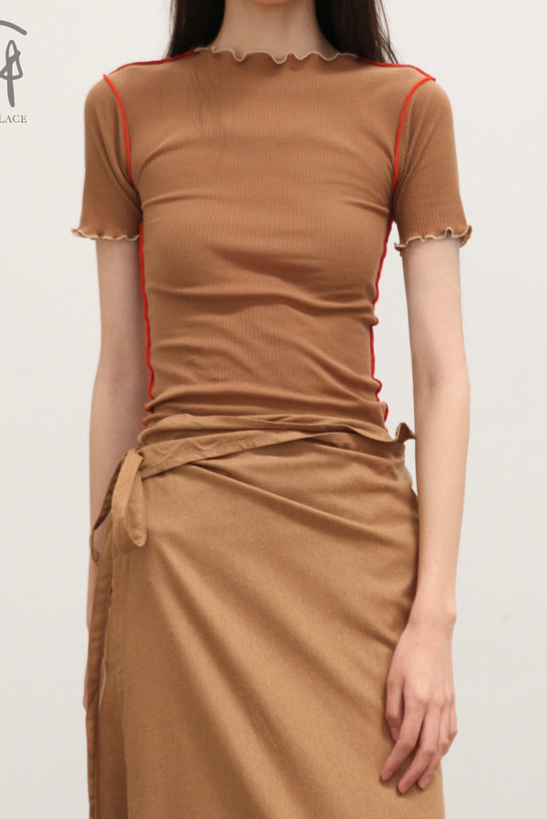BASERANGE France organic cotton ruffled textured T-shirt BAS-TTVN-RB-SU25-ALAMILLO BROWN